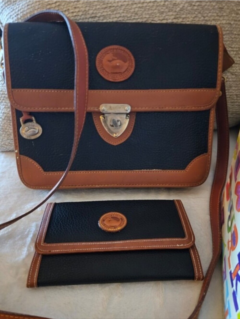 2Pc. Dooney & Bourke Black Tan Trim Pebble Leather Duck Crossbody and Wallet Set